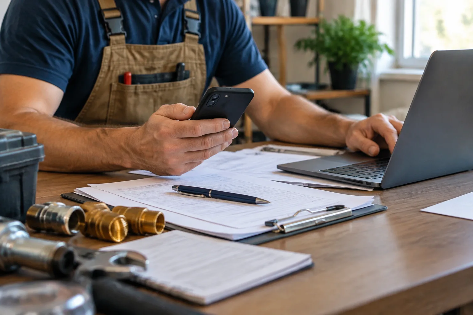A plumbing business owner checks a website on a laptop beside a smartphone and work paperwork.