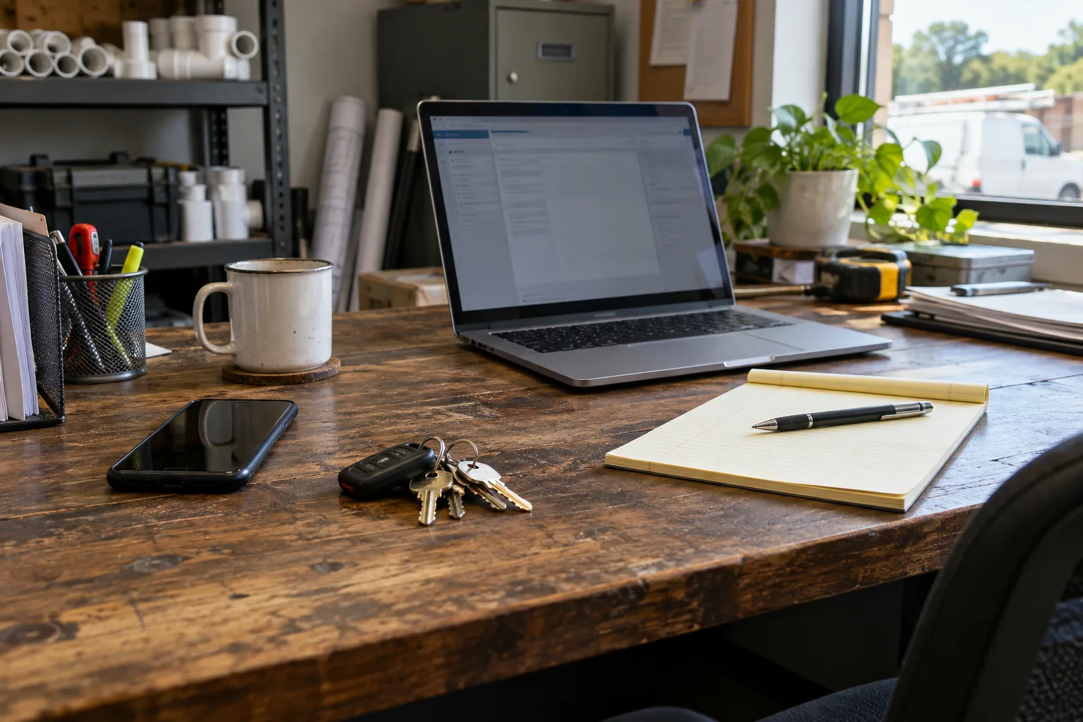 A smartphone and laptop sit on a plumber's office desk beside a notepad, pen and service keys.