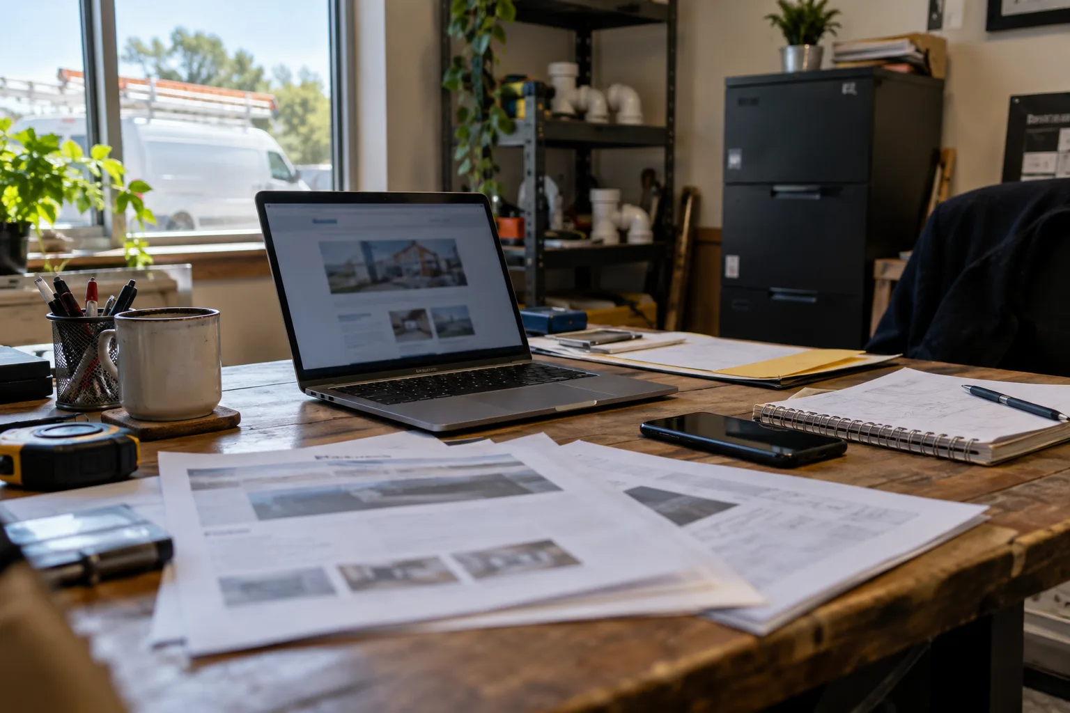 A small business owner reviews website information on a laptop beside a phone and printed papers at an office desk.