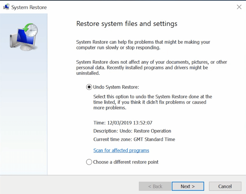 Windows 10 Restore system file and settings
