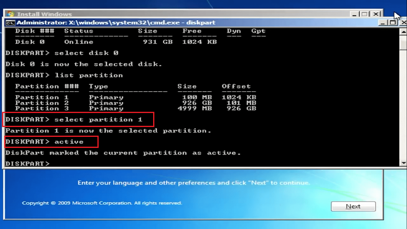 windows installation partition inactive command prompt