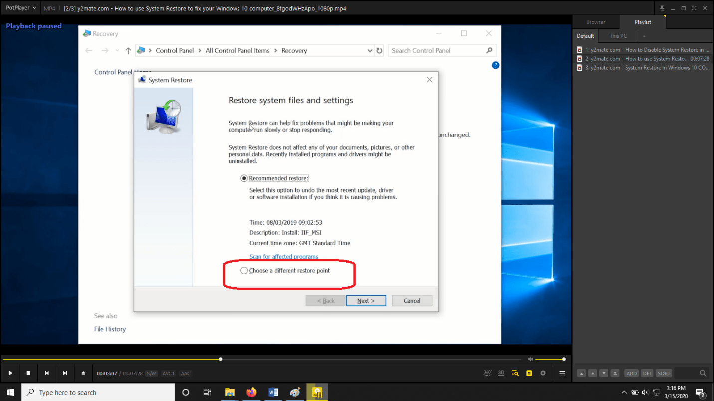 Windows 10 Different Restore Point